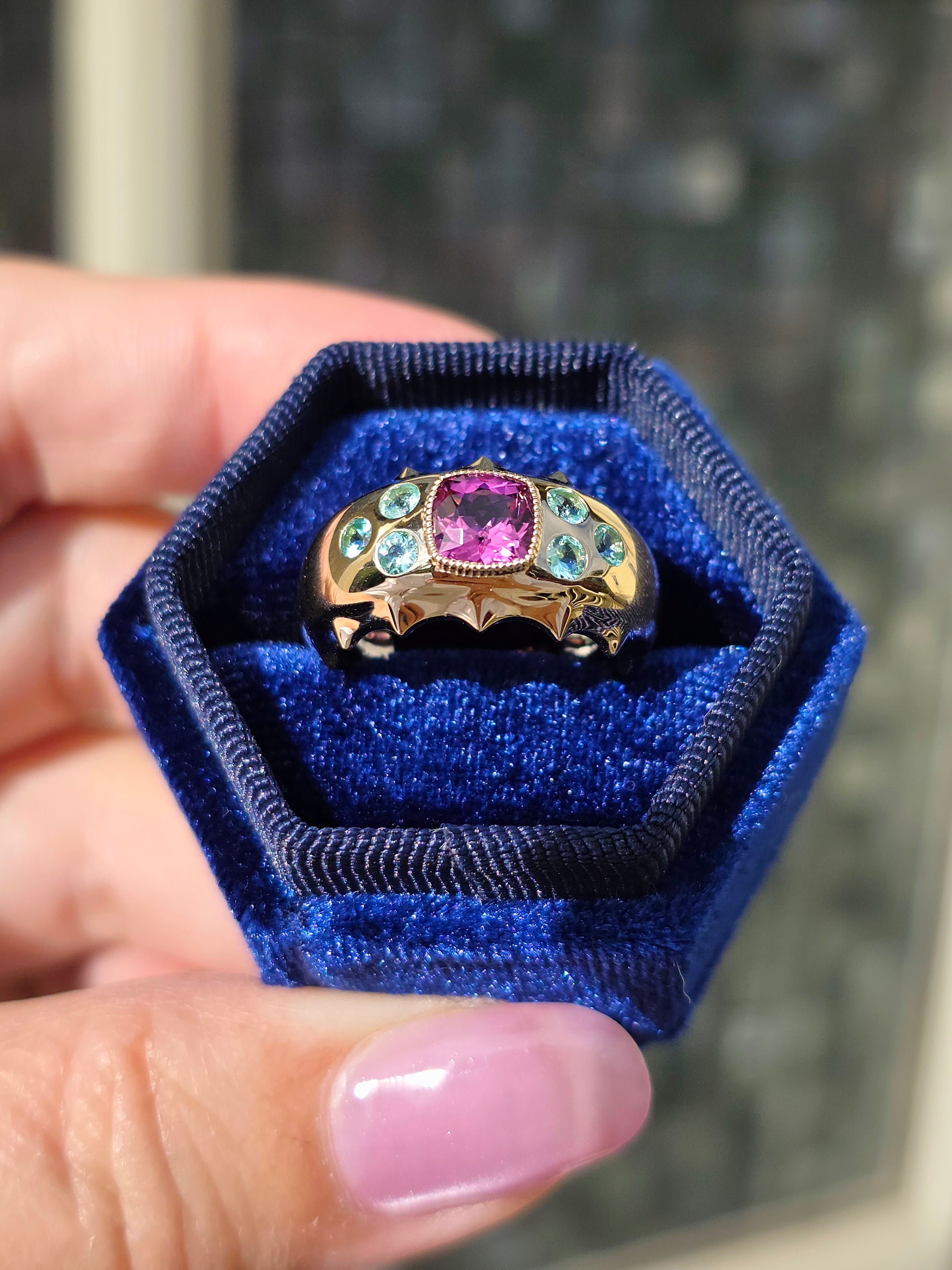 14k Yellow Gold Brazilian Paraiba & Pink Tourmaline Ring Size 7 | Indulgems | Aurora