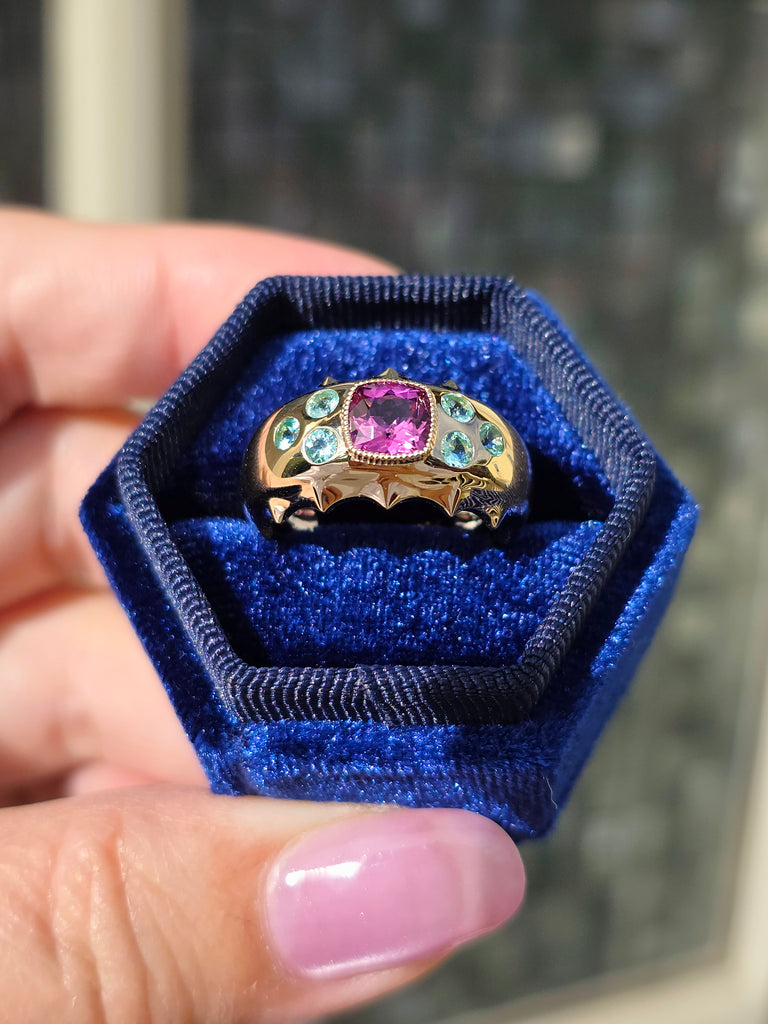 14k Yellow Gold Brazilian Paraiba & Pink Tourmaline Ring Size 7 | Indulgems | Aurora