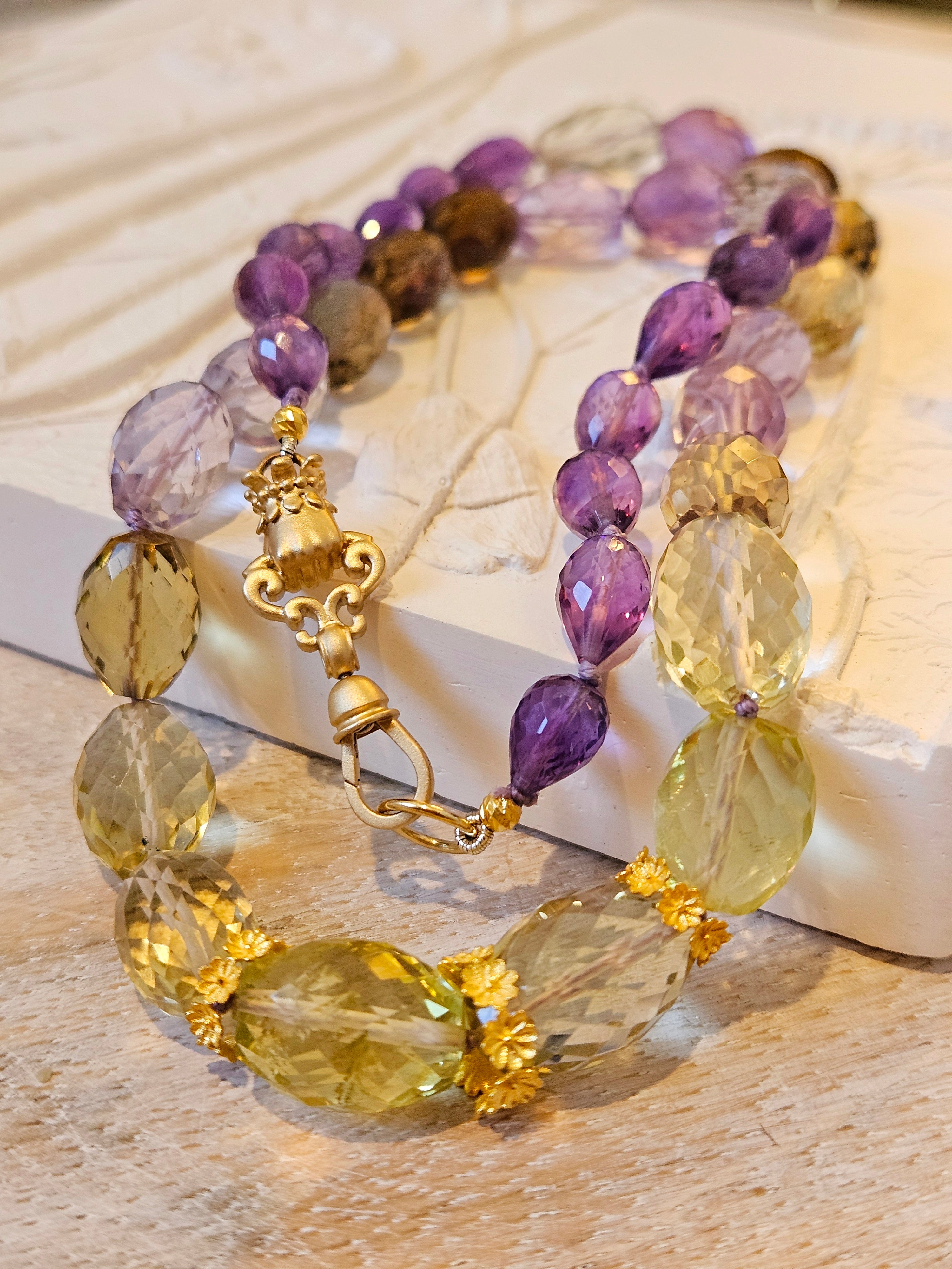 Multicolor Amethyst, Lemon Quartz, Cognac Quartz Large Gemstone Bead Necklace with 18K Yellow Gold Antique Inspired Fist Hand Clasp