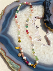 Multicolor Tourmaline and Freshwater Pearl 18K Gold Necklace 18"