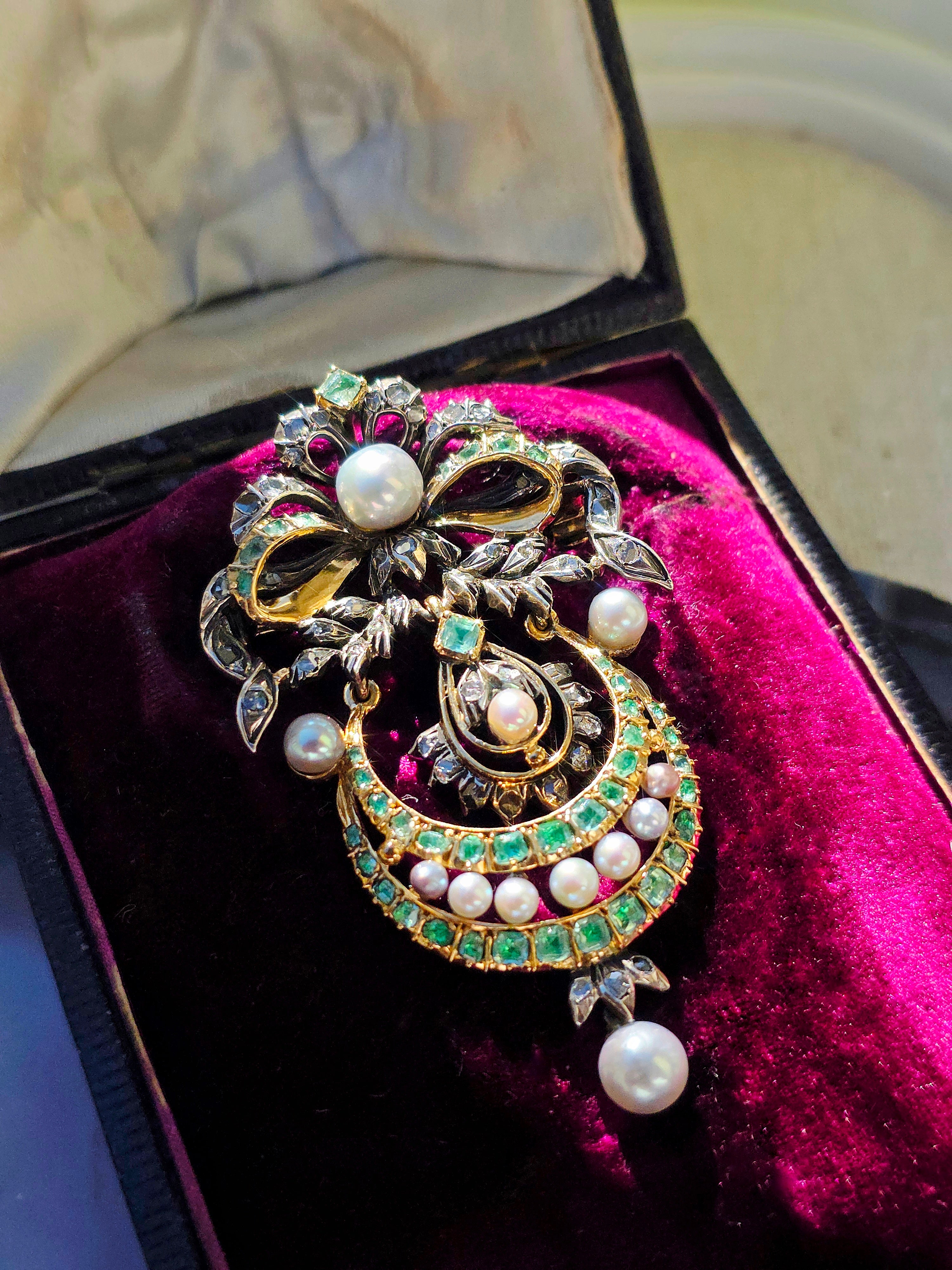 18k Gold & Silver Antique Statement Brooch Pendant with Green Paste, Diamond and Pearls | Indulgems