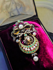 18k Gold & Silver Antique Statement Brooch Pendant with Green Paste, Diamond and Pearls | Indulgems