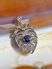 14k Yellow Gold & Silver Rose-cut Diamond Blue Sapphire Heart Brooch Pendant | Indulgems | Antique