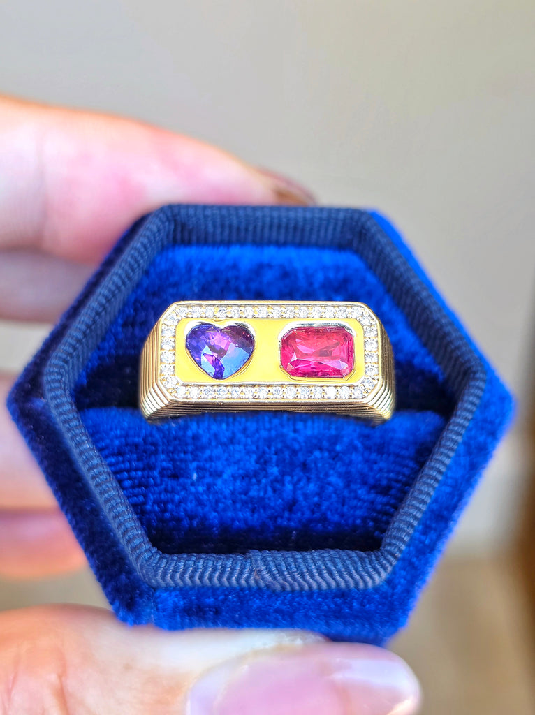 14k Yellow Gold Winza Parti Sapphire Heart & Mahenge Spinel Two Stone Signet Ring Size 10 | Indulgems | Duality