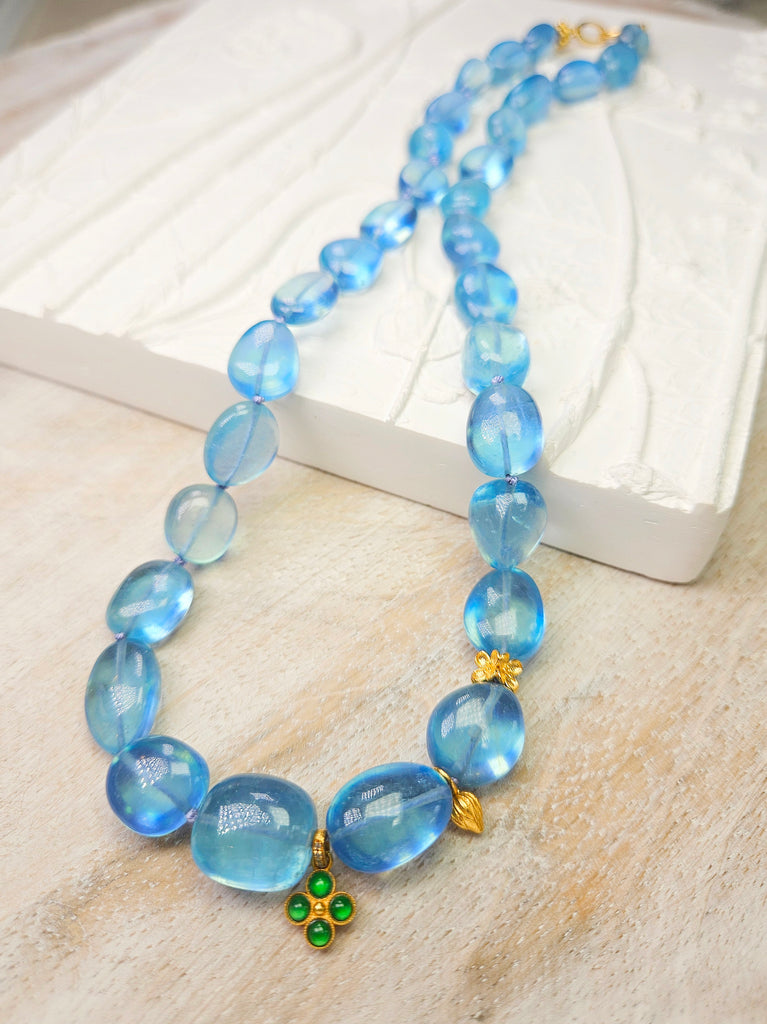 Blue Chalcedony Necklace with Diamond Pave Heart Pendant 18K Yellow Gold