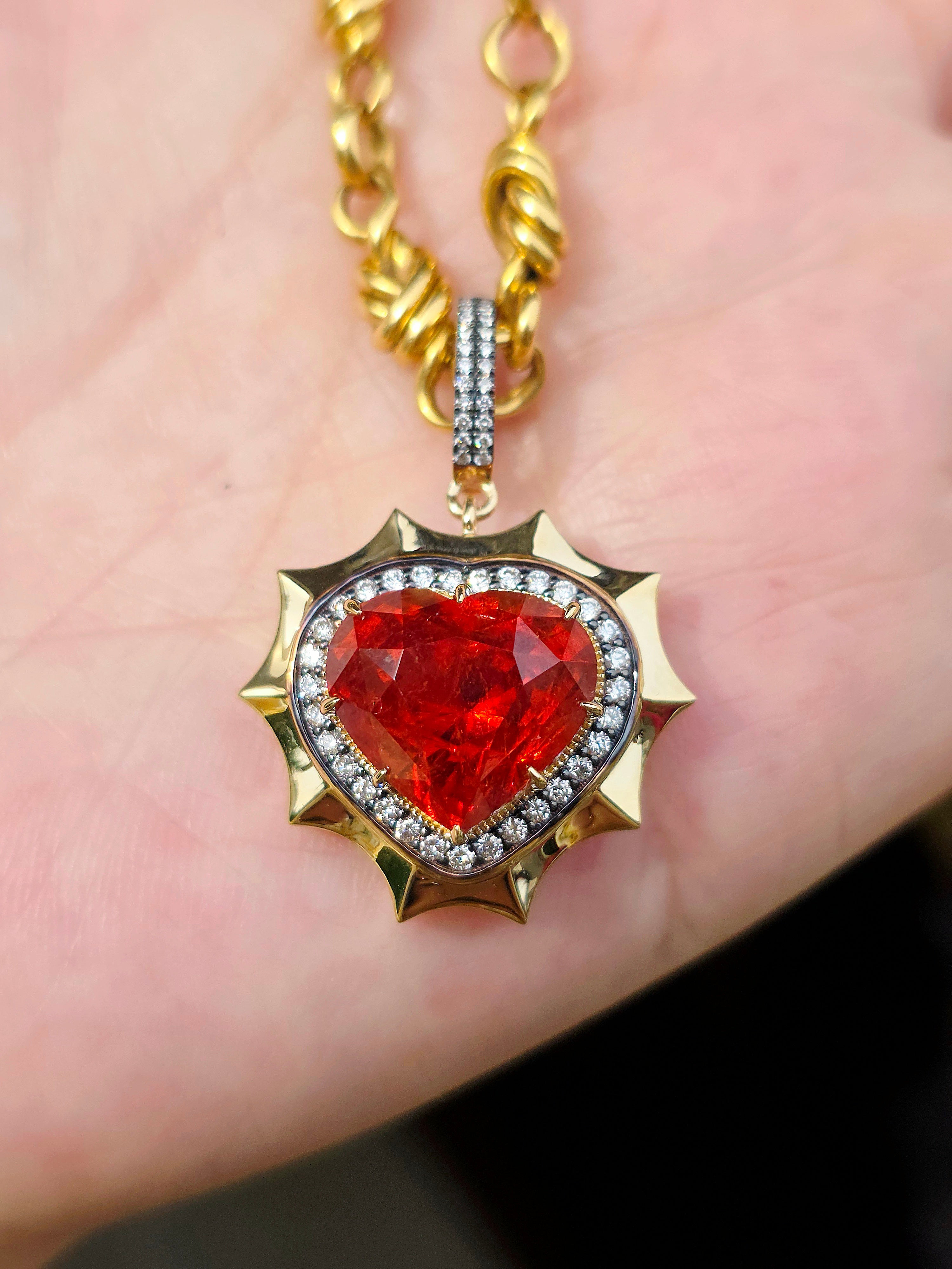 14k Yellow Gold 15ct Mandarin Garnet Heart Aurora Halo Pendant | Indulgems