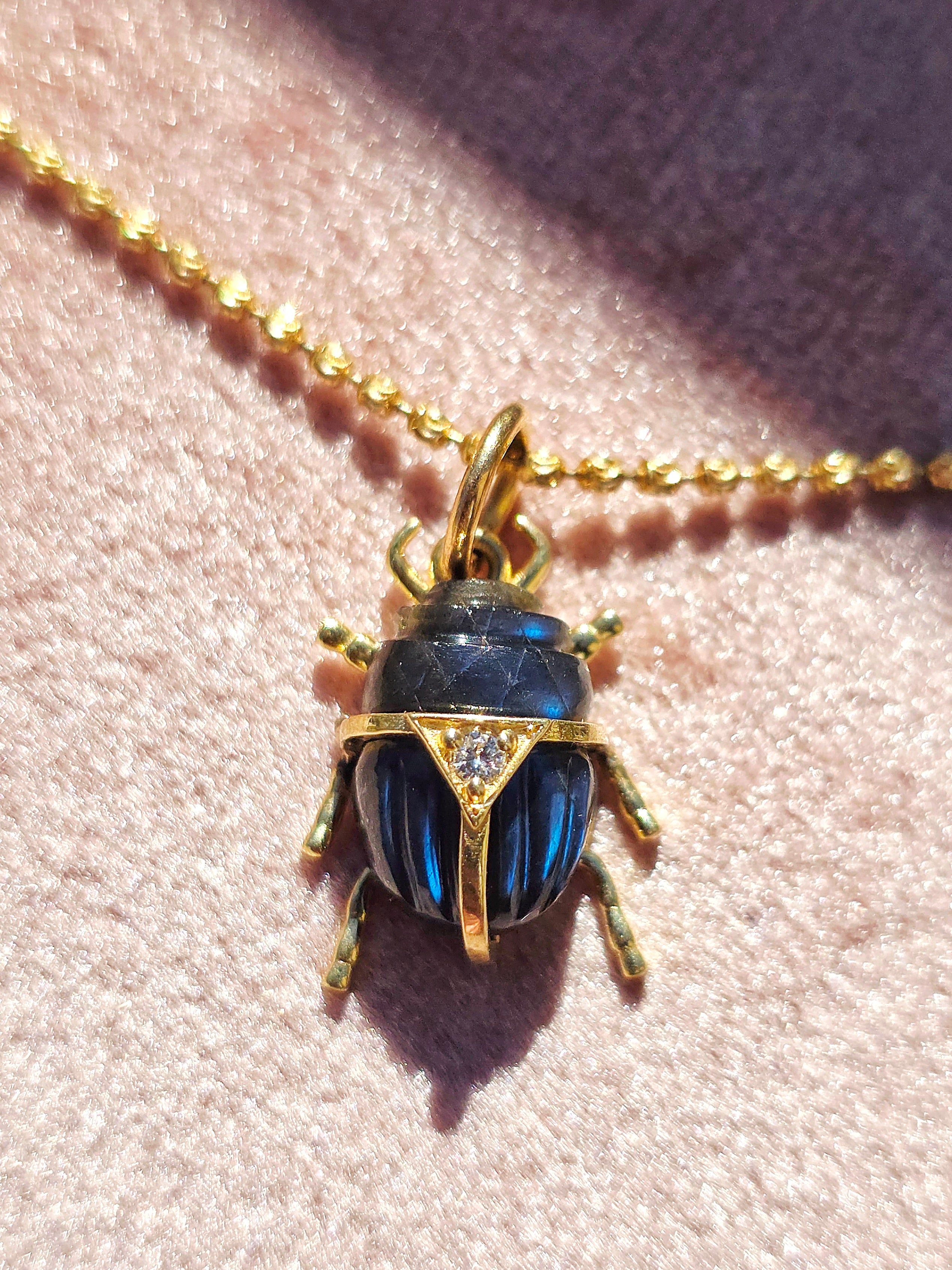 14k Yellow Gold Gemstone Carving Scarab Beetle Charm Pendant with Diamond Accent | Indulgems