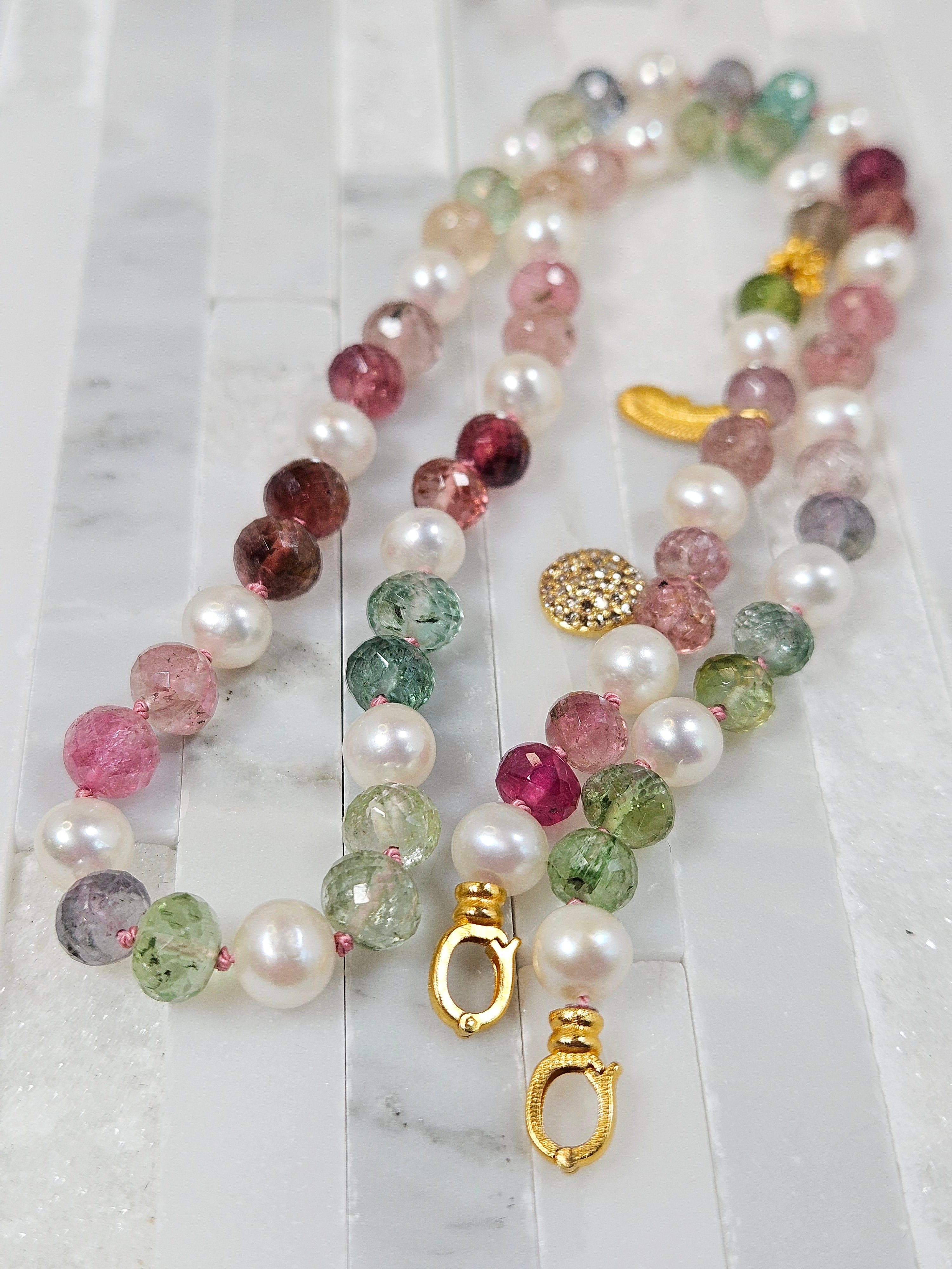Multicolor Tourmaline and Freshwater Pearl 18K Gold Necklace 18"