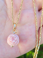 18K Solid Gold Hand Carved Pink Opal Peony Flower Ball Charm Pendant