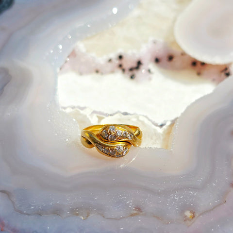 18K Yellow Gold Antique Diamond Pave Double Headed Snake Toi et Moi Ring Size 5 | Indulgems | Designs in Real Gold