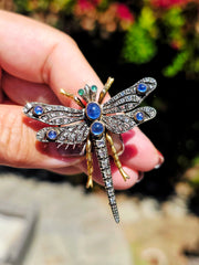 18k Solid Gold & Silver Art Nouveau Antique Dragonfly Brooch with Sapphire and Diamond | Indulgems