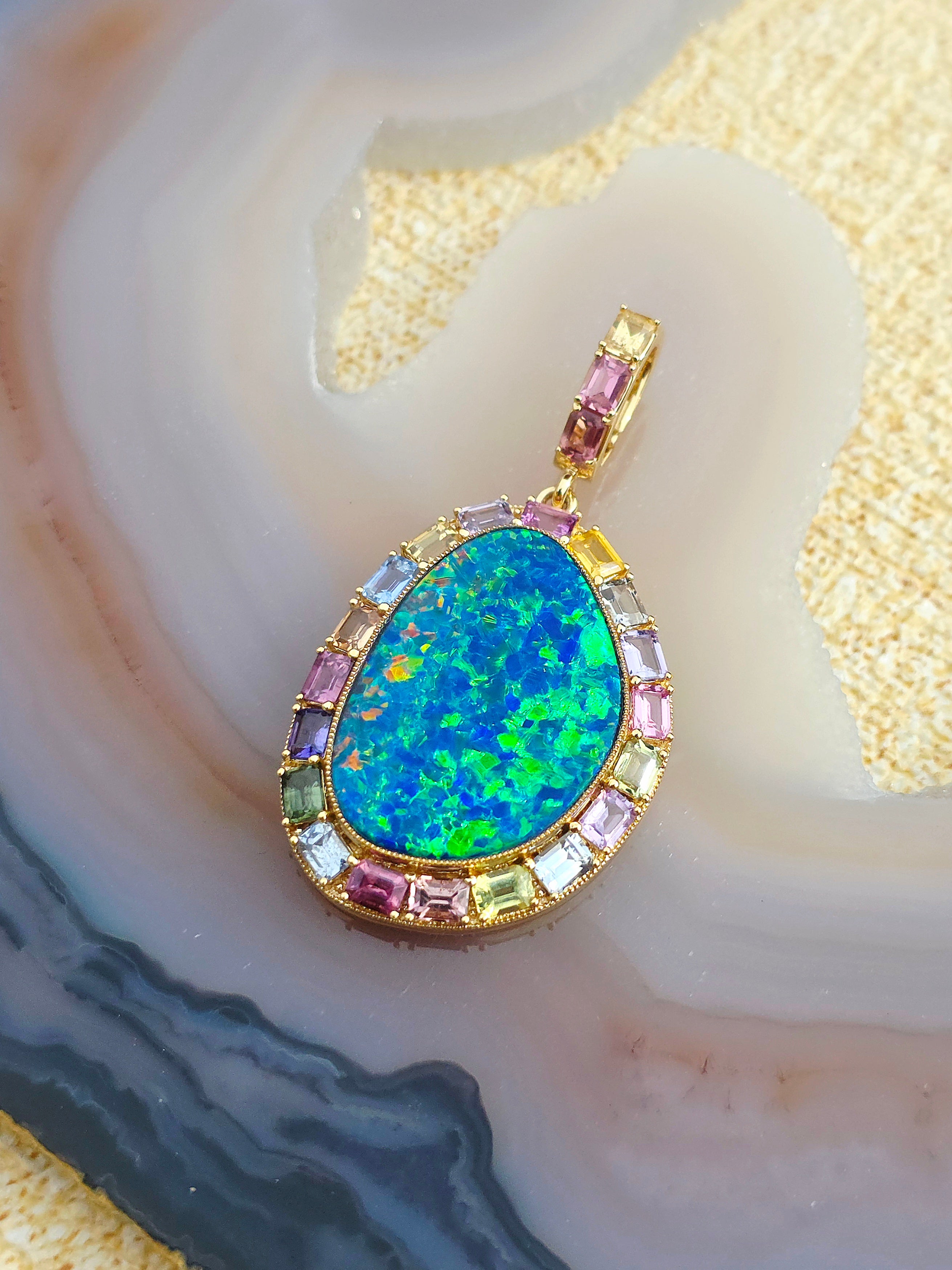 14k Yellow Gold Opal & Fancy Sapphire Pendant | Indulgems
