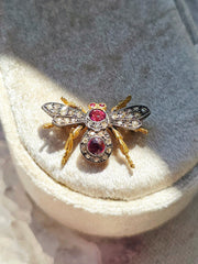 Antique 9k Gold & Silver Diamond and Garnet FLY Brooch | Indulgems