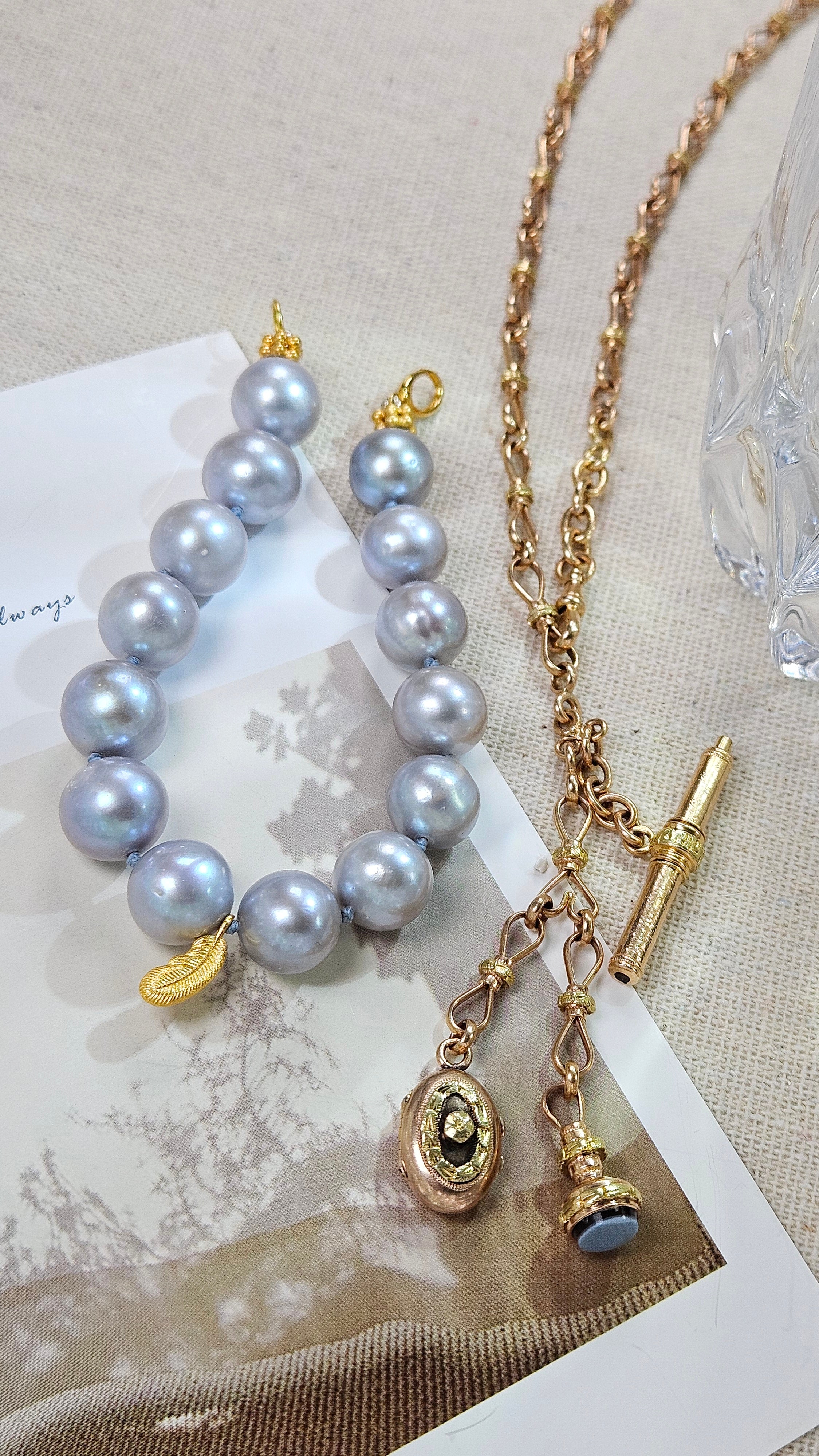 2IN1 - Antique 18K Yellow Rose Gold Two Tone Watch Chain with Key, Locket and Fob, Freshwater Pearl Feather Charm Bracelet Combo
