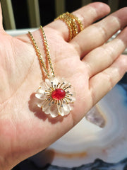 14k Yellow Gold Handcarved White Quartz Flower with Pink Tourmaline & Diamond | Indulgems | Designs in Real Gold
