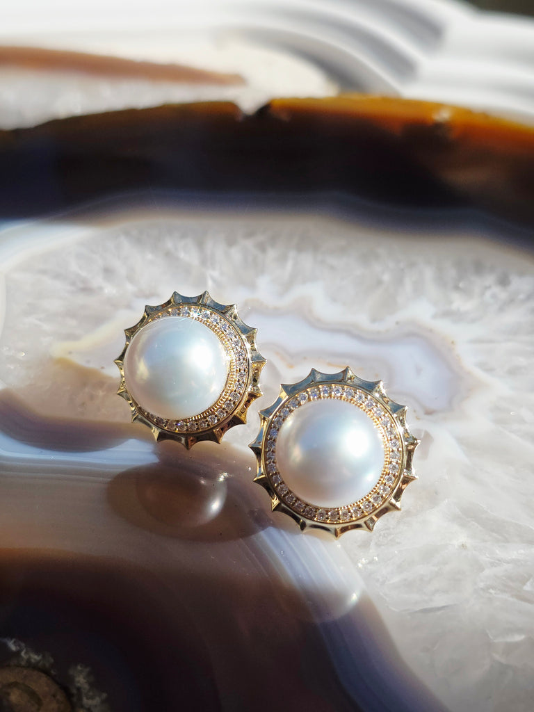 14k Yellow Gold South Sea Pearl Aurora Halo Earrings | Indulgems