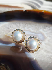 14k Yellow Gold South Sea Pearl Aurora Halo Earrings | Indulgems