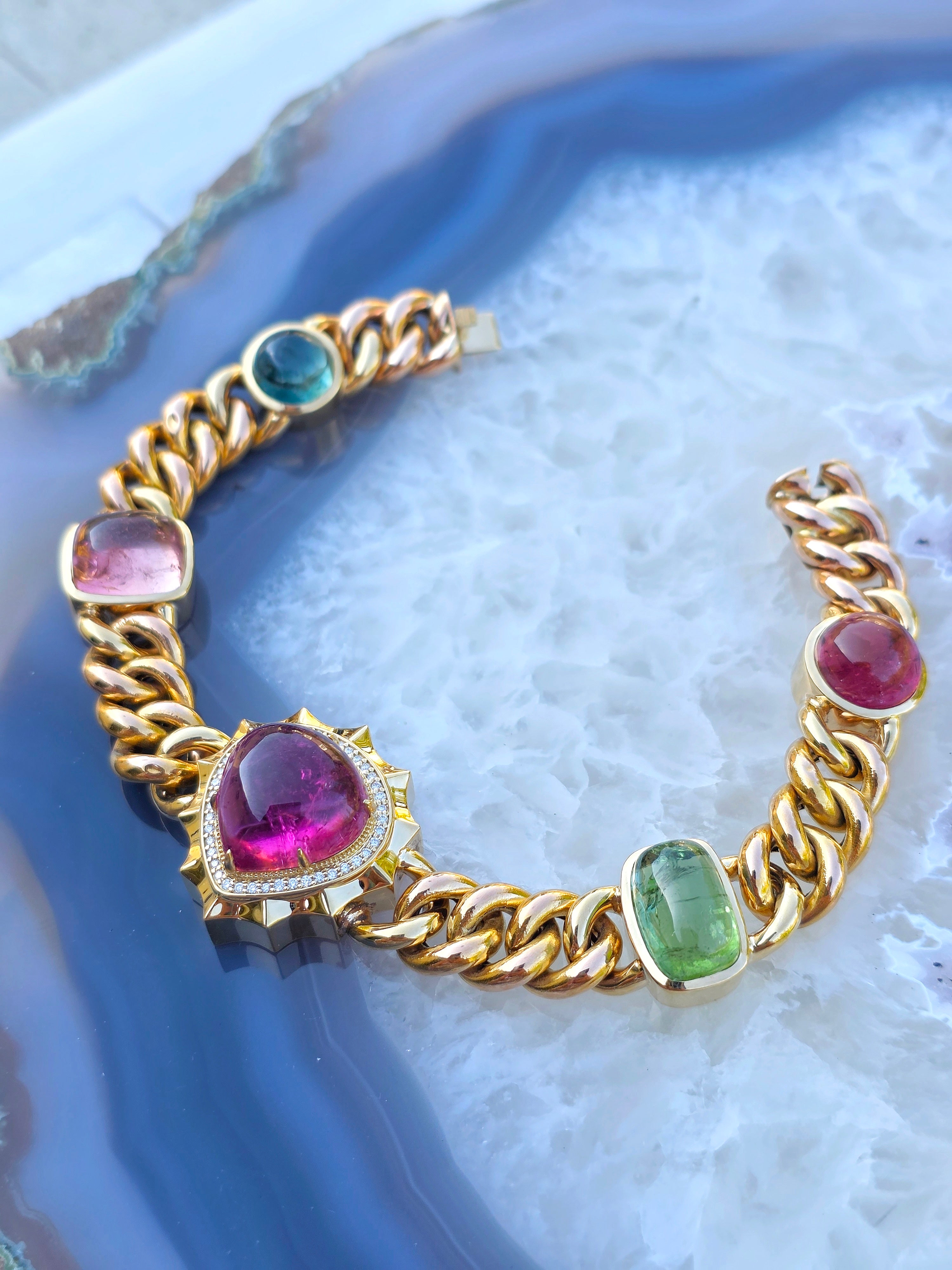18k Yellow Gold Multicolor Tourmaline Cabochon Curb Chain Bracelet | Indulgems | Aurora Halo