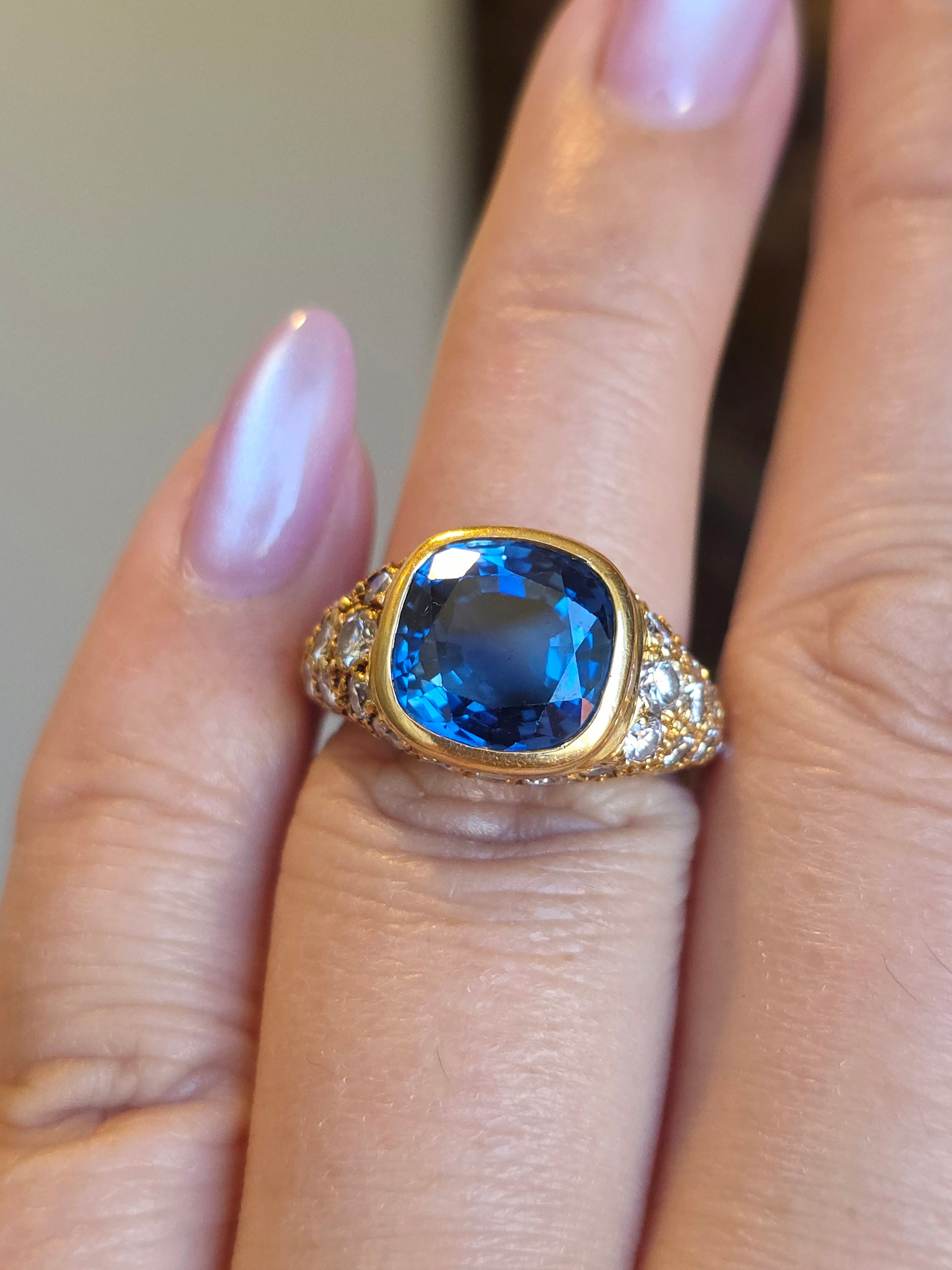 18k Solid Gold 5.8ct Royal Blue Sapphire & Diamond Vintage Ring Size 6.5 | Indulgems