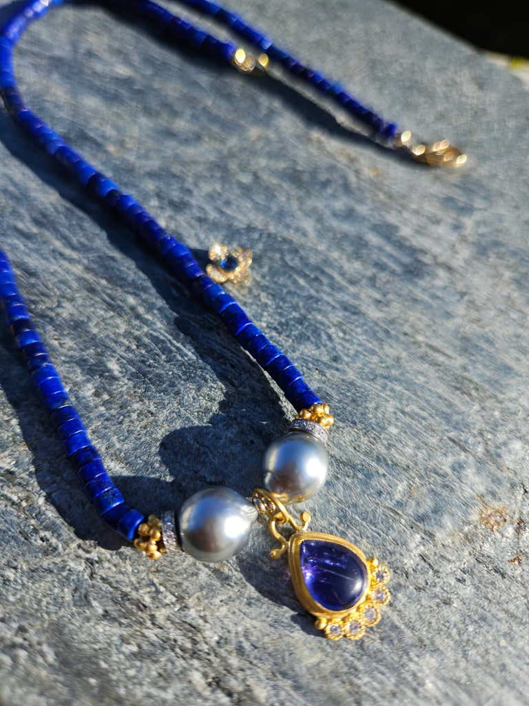 Lapis, Tahitian Pearl, Tanzanite and Diamond Gold Necklace 18"