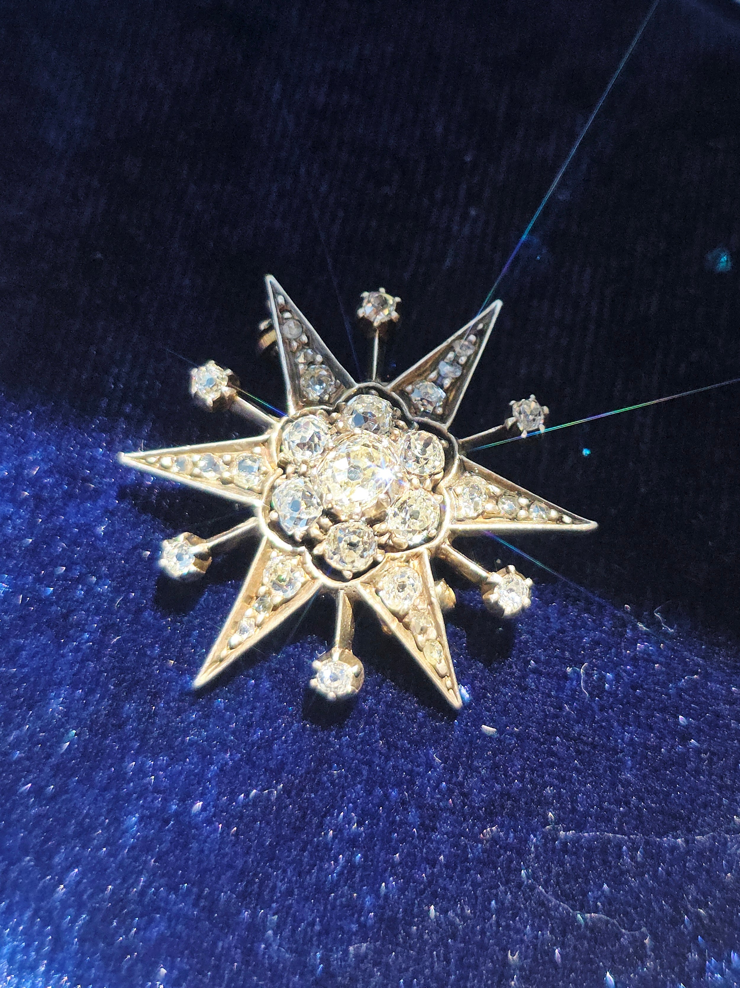 14K Yellow Gold & Silver - Antique Diamond Star Brooch | Indulgems | Designs in Real Gold