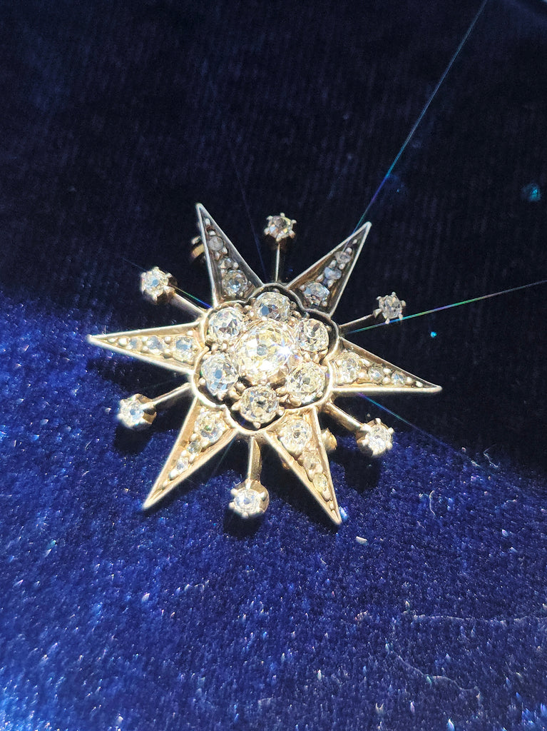 14K Yellow Gold & Silver - Antique Diamond Star Brooch | Indulgems | Designs in Real Gold