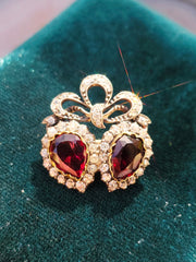 14k Gold & Silver Victorian Antique Double Heart Garnet and Diamond Brooch | Indulgems