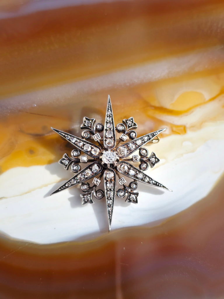 18k Yellow Gold & Silver Rose-cut Diamond Star Brooch Pendant | Indulgems | Antique