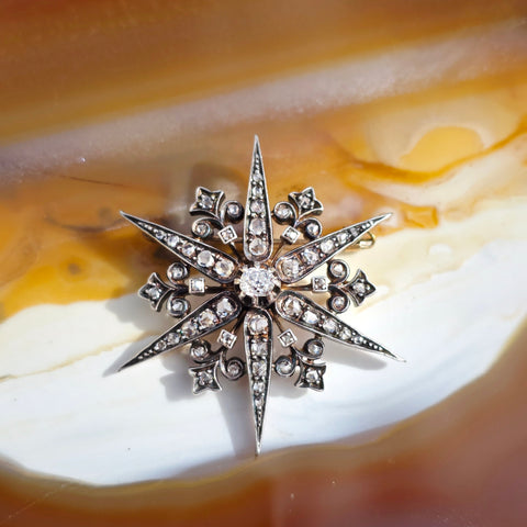 18k Yellow Gold & Silver Rose-cut Diamond Star Brooch Pendant | Indulgems | Antique