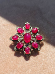 14k Gold & Silver Antique Ruby Cabochon Diamond Brooch | Indulgems