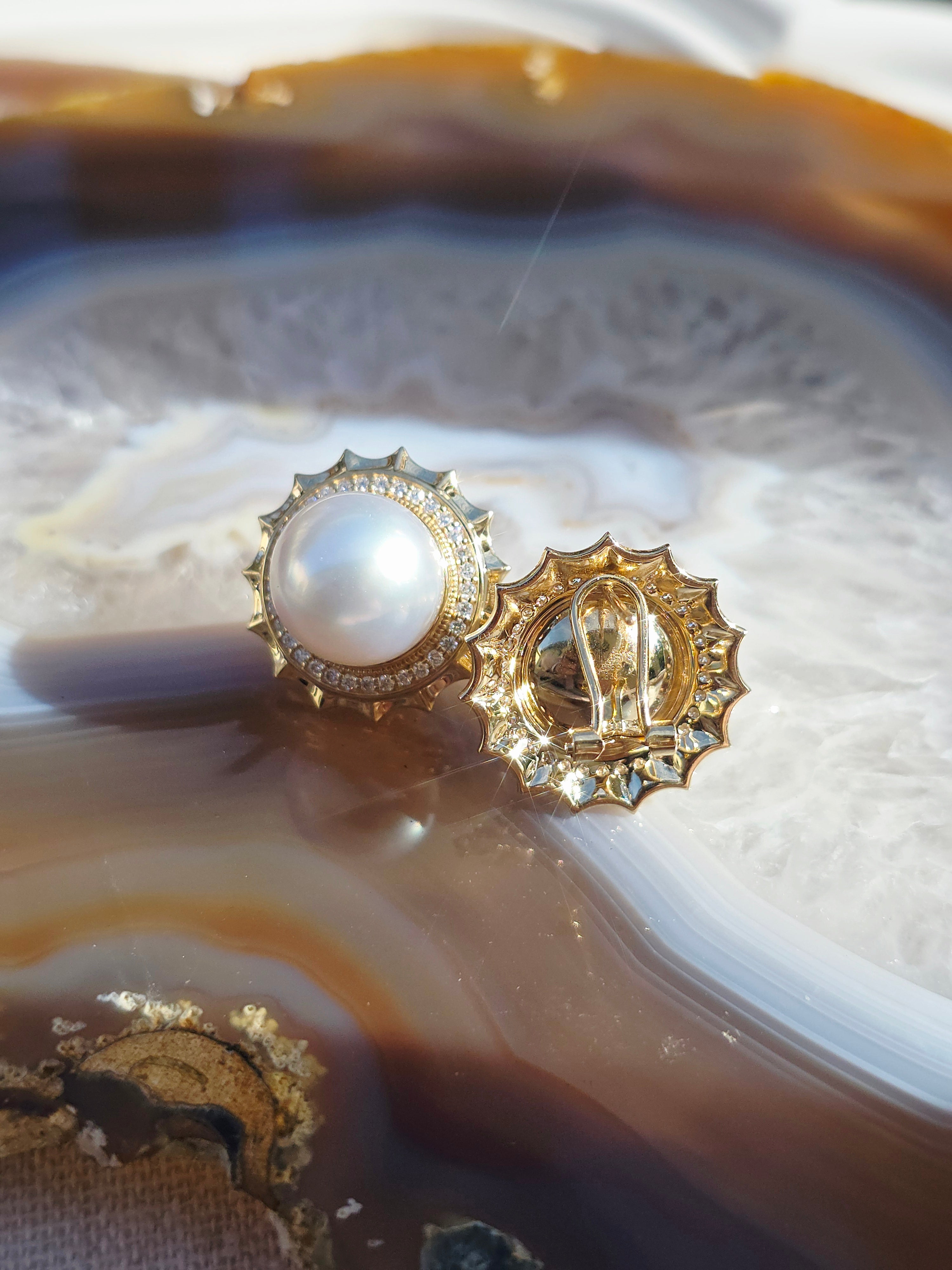 14k Yellow Gold South Sea Pearl Aurora Halo Earrings | Indulgems