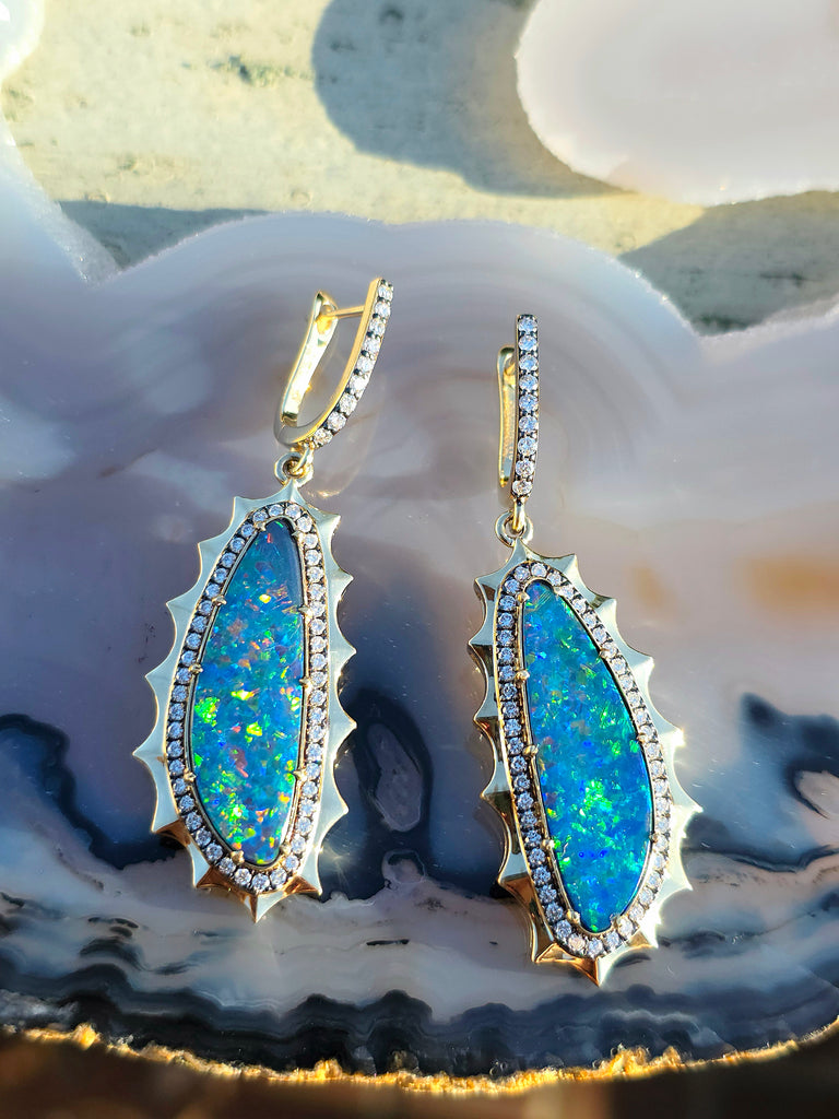 14k Yellow Gold Australian Opal Aurora Halo Earrings | Indulgems