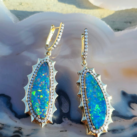 14k Yellow Gold Australian Opal Aurora Halo Earrings | Indulgems