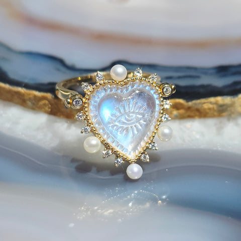 18k Solid Gold Handcarved Rainbow Moonstone All-seeing Eye Motif Heart Ring Pendant | Indulgems | Designs in Real Gold