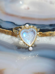 18k Solid Gold Handcarved Rainbow Moonstone All-seeing Eye Motif Heart Ring Pendant | Indulgems | Designs in Real Gold