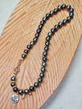 18k Solid Gold Tahitian Pearl Necklace with 3 Charms Oxidized Sterling Silver Coin in 24k Gold