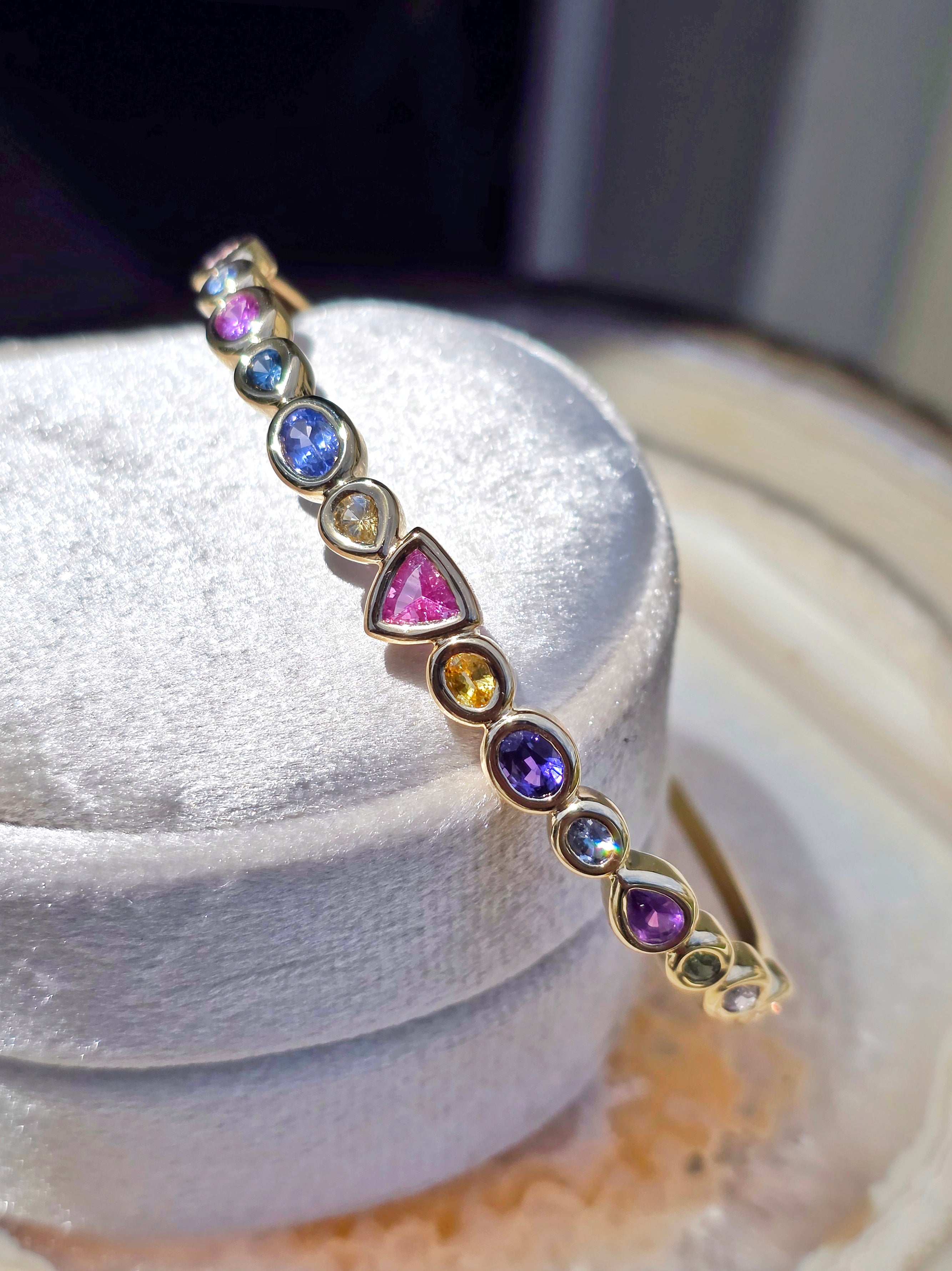 14k Yellow Gold Chubby Donut Bezel Fancy Sapphire Cuff Bangle | Indulgems