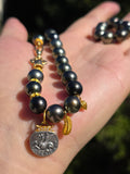 18k Solid Gold Tahitian Pearl Necklace with 3 Charms Oxidized Sterling Silver Coin in 24k Gold