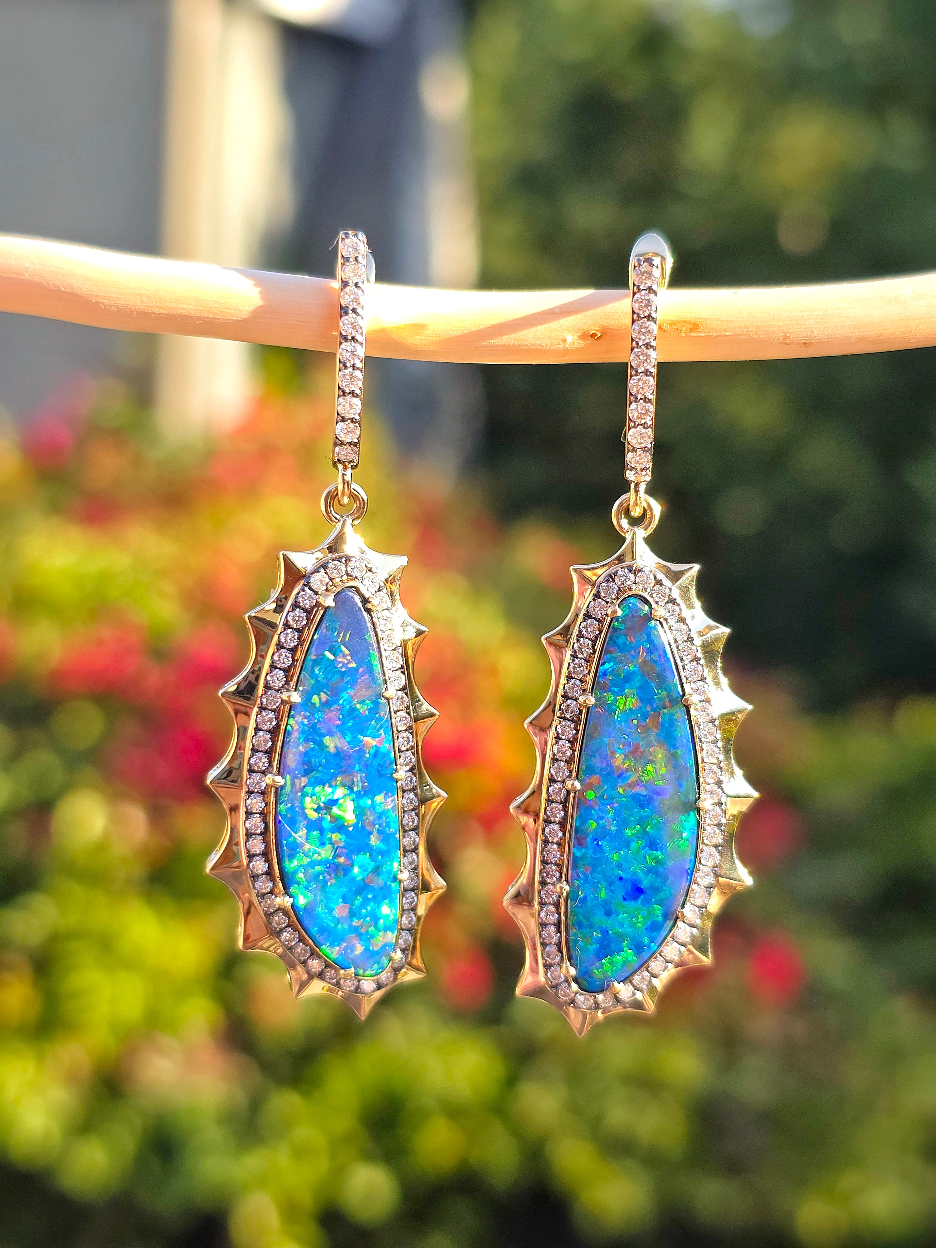 14k Yellow Gold Australian Opal Aurora Halo Earrings | Indulgems