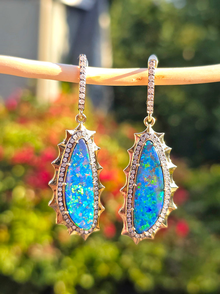 14k Yellow Gold Australian Opal Aurora Halo Earrings | Indulgems