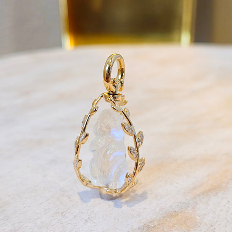 18k Gold Rainbow Moonstone Handcarved Bunny Diamond Amulet Pendant