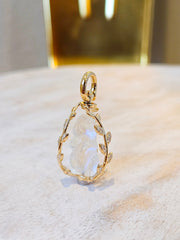 18k Gold Rainbow Moonstone Handcarved Bunny Diamond Amulet Pendant