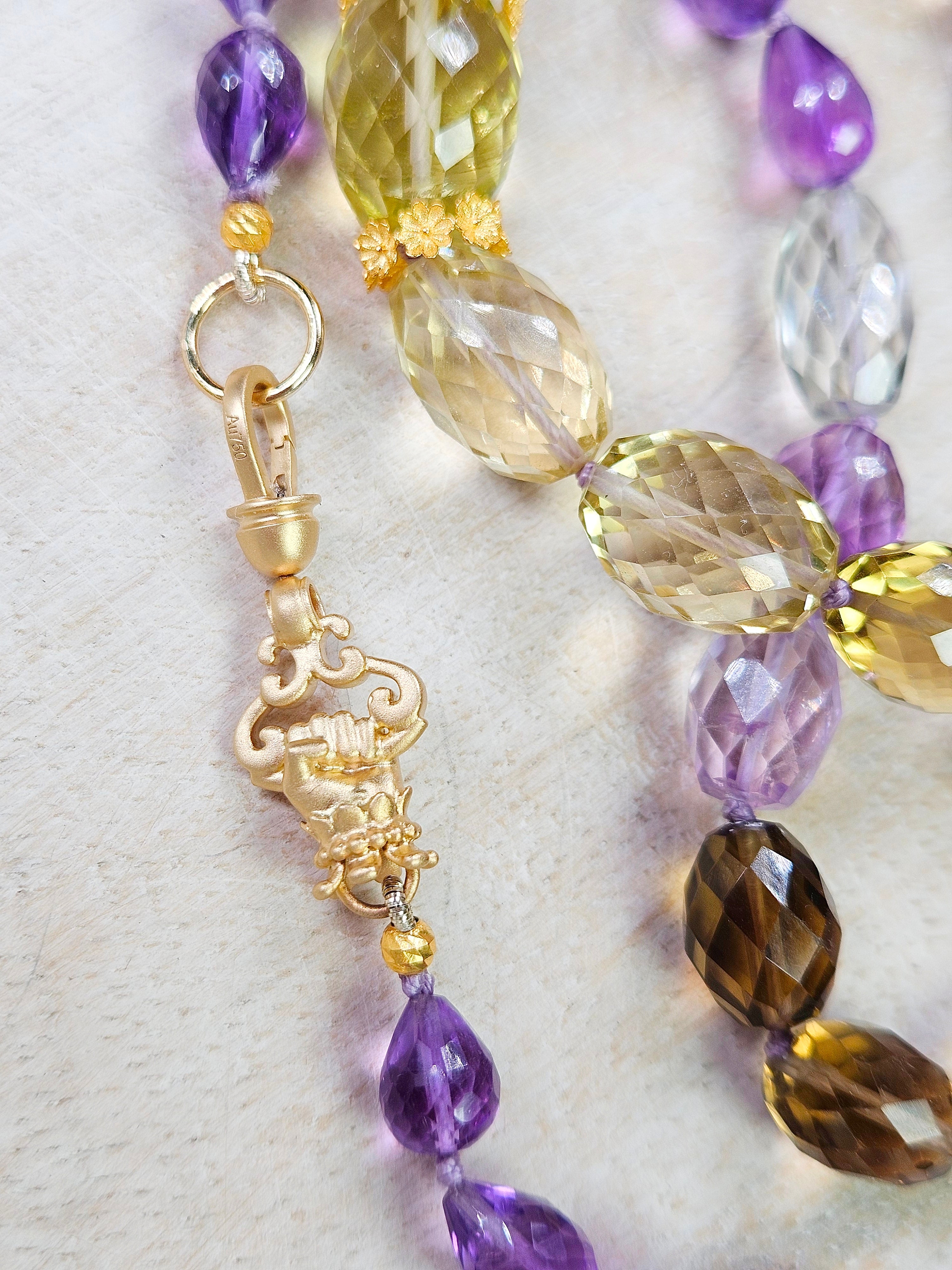 Multicolor Amethyst, Lemon Quartz, Cognac Quartz Large Gemstone Bead Necklace with 18K Yellow Gold Antique Inspired Fist Hand Clasp