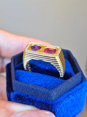 14k Yellow Gold Winza Parti Sapphire Heart & Mahenge Spinel Two Stone Signet Ring Size 10 | Indulgems | Duality
