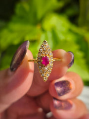 18k Solid Gold Ruby & Rose-Cut Diamond Navette Ring Size 6.5 | Indulgems