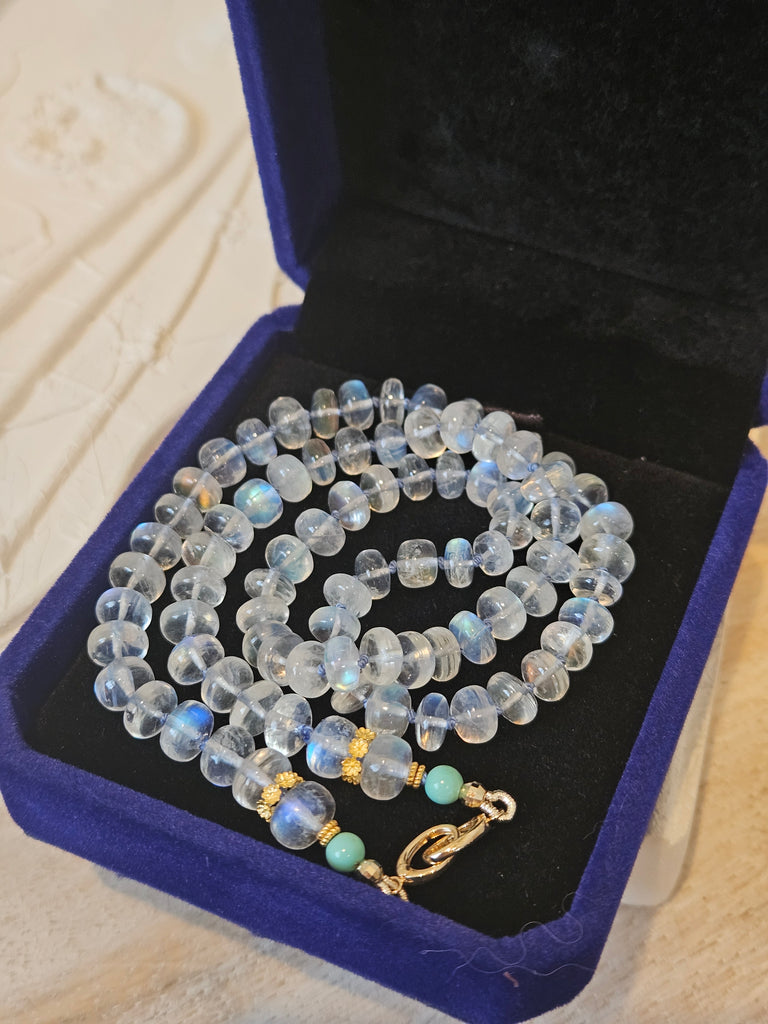 18K Yellow Solid Gold Rainbow Moonstone & Turquoise Top Quality Gemstone Necklace 18"