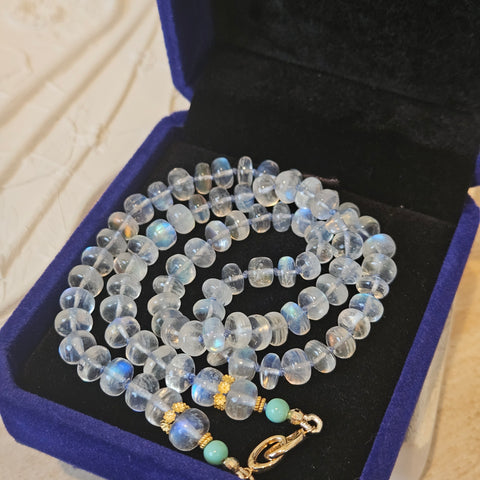 18K Yellow Solid Gold Rainbow Moonstone & Turquoise Top Quality Gemstone Necklace 18"