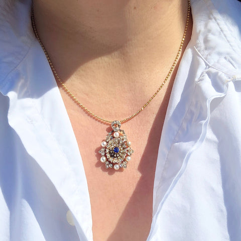 14k Gold & Silver Antique Rose-cut Diamonds and Sapphire Pendant | Indulgems