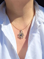 14k Gold & Silver Antique Rose-cut Diamonds and Sapphire Pendant | Indulgems
