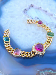 18k Yellow Gold Multicolor Tourmaline Cabochon Curb Chain Bracelet | Indulgems | Aurora Halo